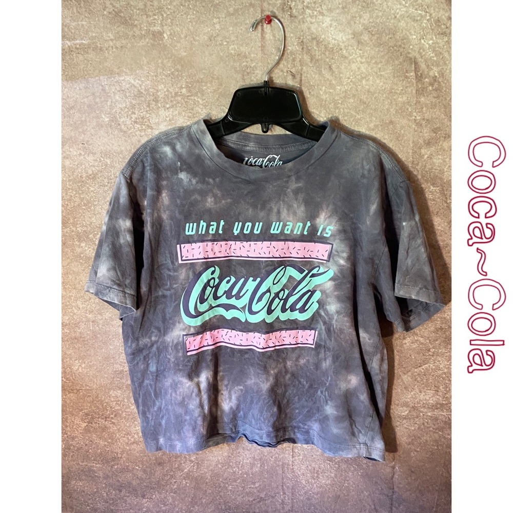 Coca Cola Women's Washed Black Graphic Tee with Mint & Pink Logo